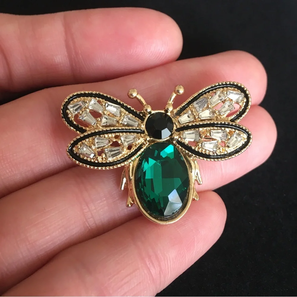 Bumblebee Green and Gold Tone Rhinestone Brooch Pin